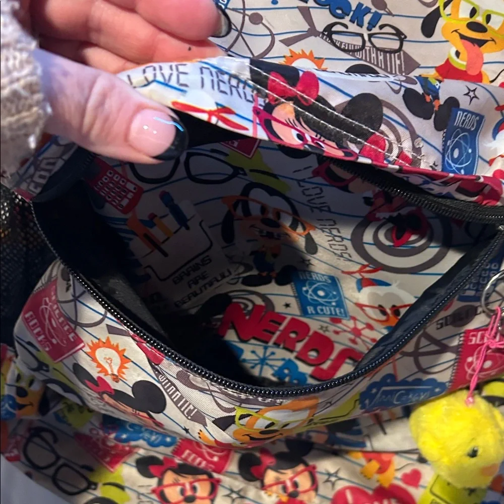 Disney Multicolor Cartoon Nerds Print Backpack with Yellow Plush Accent